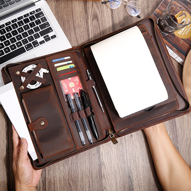 Vintage Leather Journal Notebook - İnek Derisi Fermuarlı Portföy Organizatör Çok